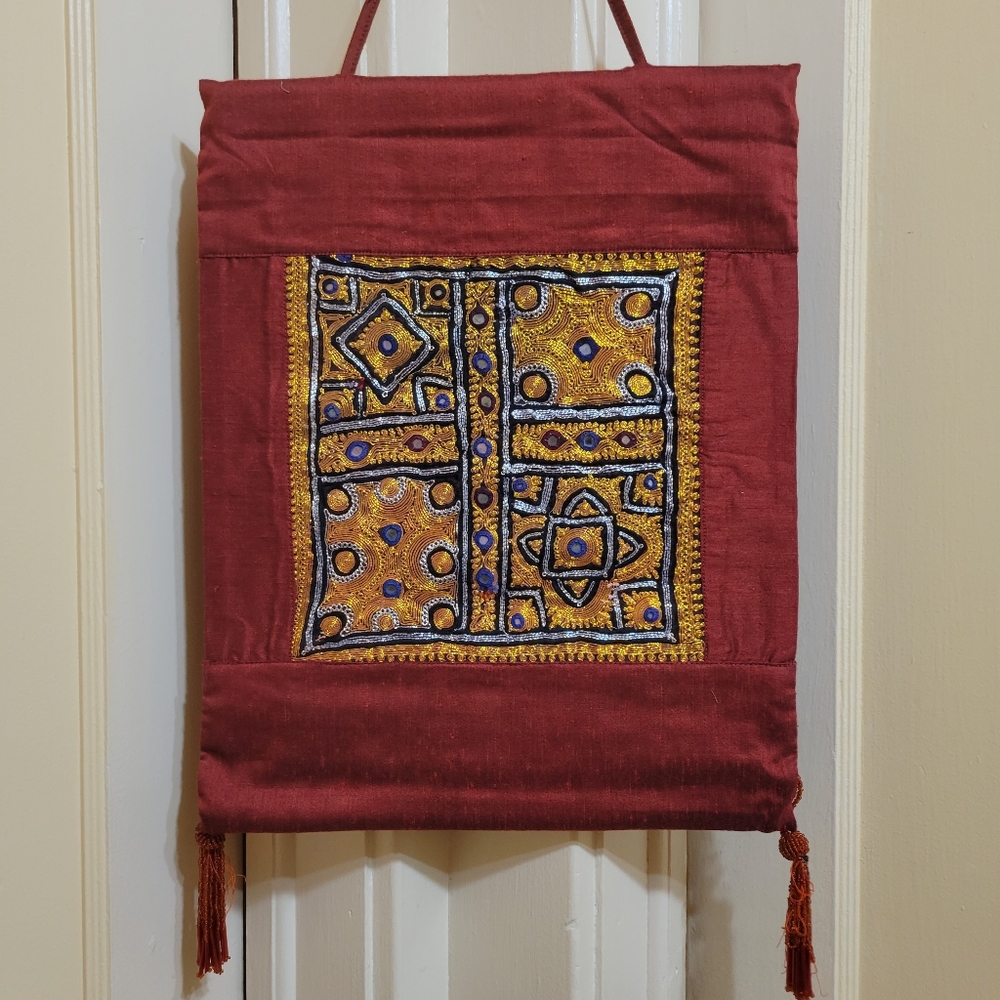 India Artisan Handmade Rust Decorative Silk w/ Gold wall hanging/panel